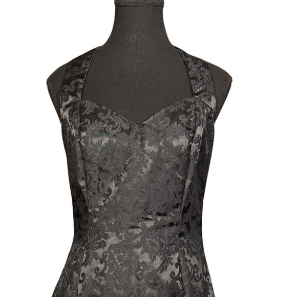 Vintage 90s Jessica McClintock Halter Mini Dress | Black Brocade Cocktail Dress - Picture 2 of 8